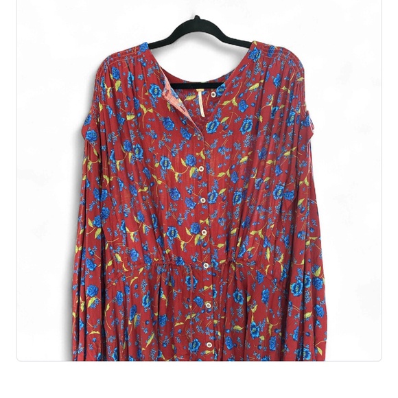 Free People Red and Blue Floral Long Sleeve Dress tunic  XL - Picture 3 of 8